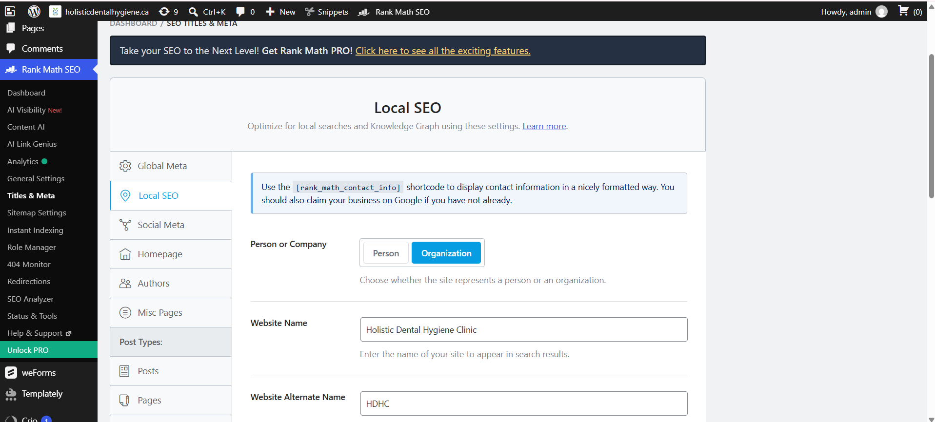 Rank Math Local SEO settings for Holistic Dental Hygiene Clinic