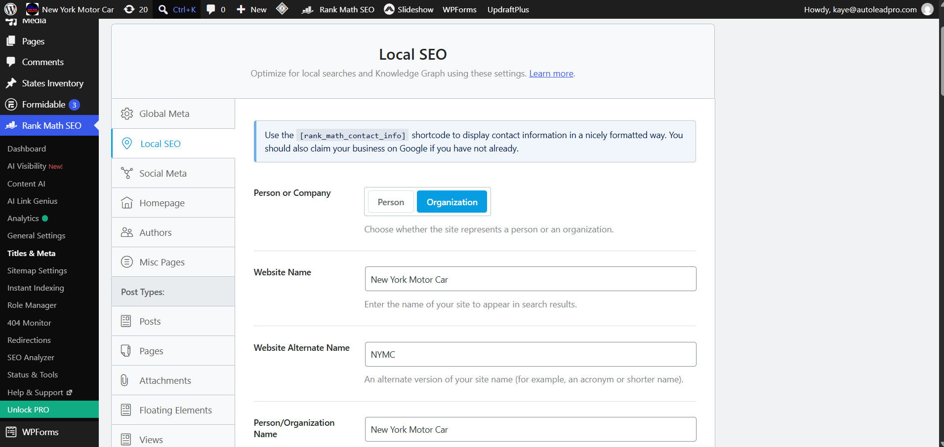 Rank Math Local SEO settings for New York Motor Car