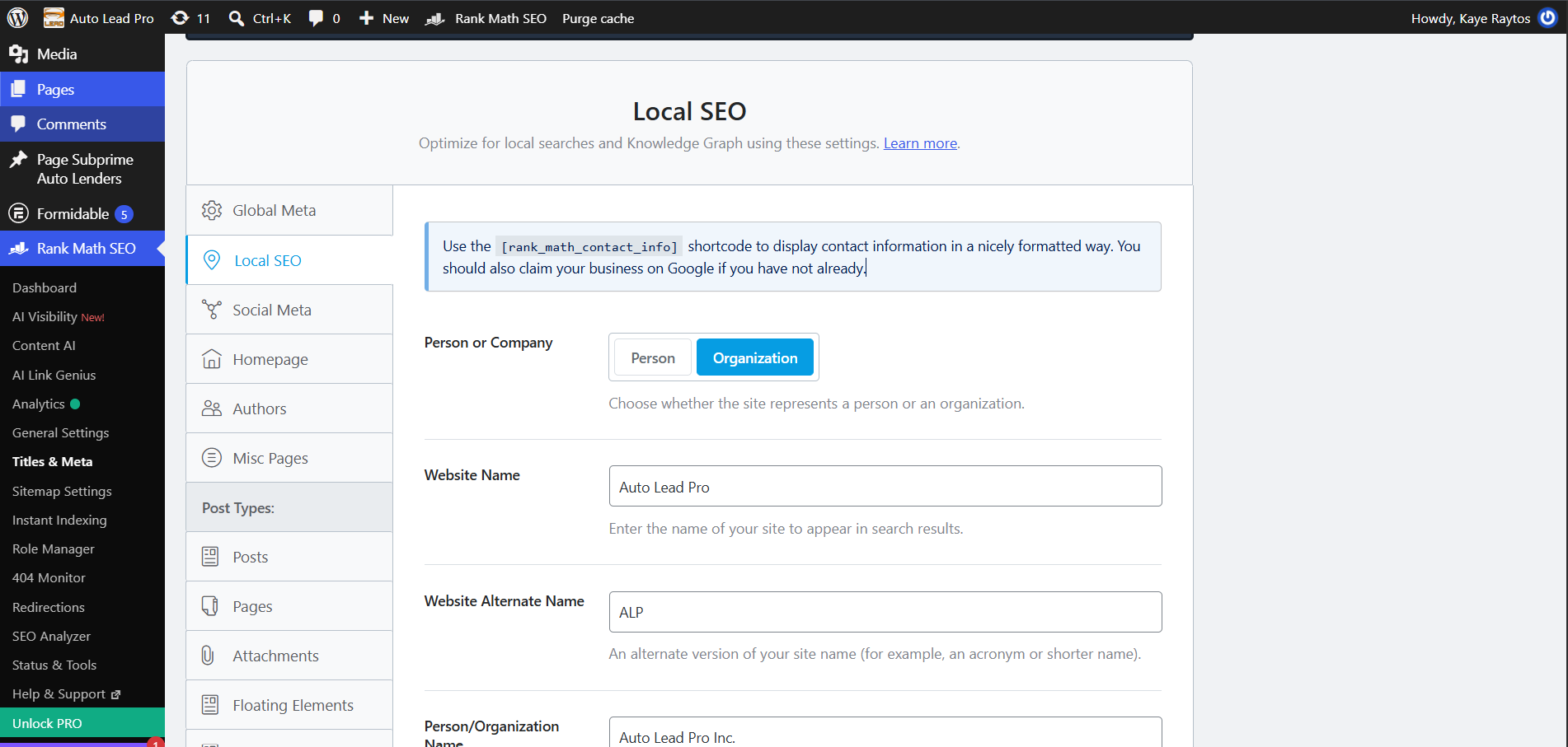 Rank Math Local SEO settings for Auto Lead Pro