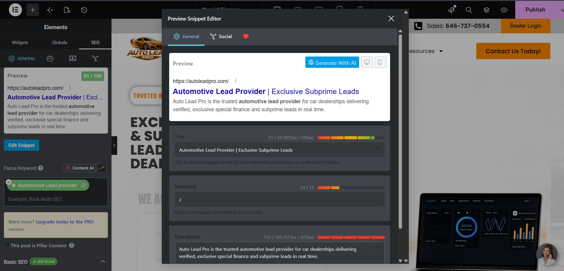 Rank Math snippet editor showing an 81 out of 100 SEO score for the Auto Lead Pro homepage
