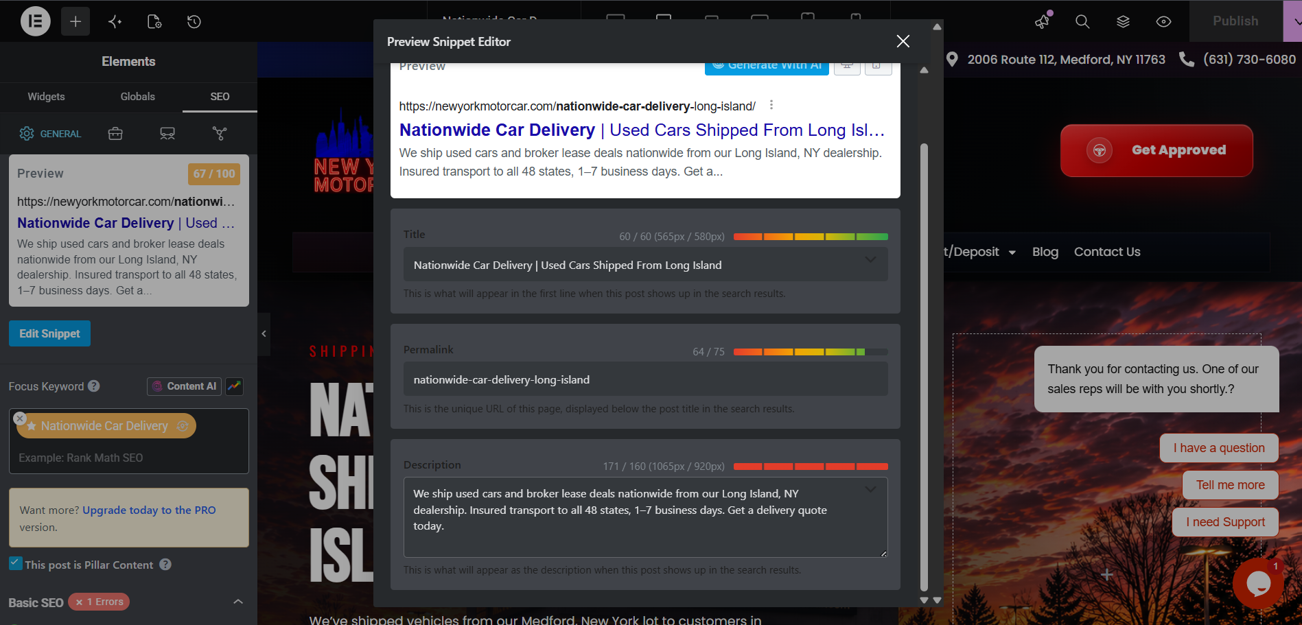Rank Math snippet editor for the Nationwide Car Delivery page on New York Motor Car
