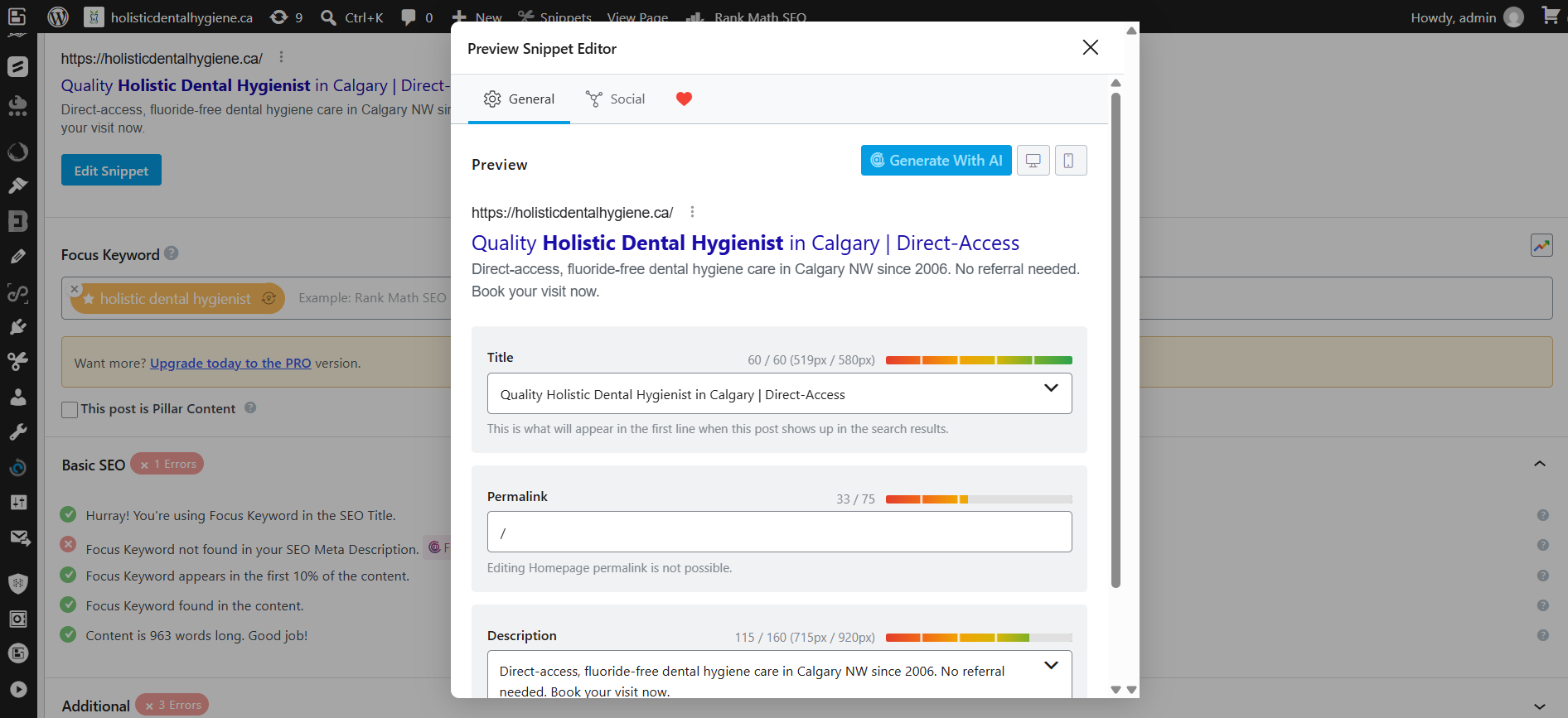 Rank Math snippet editor and focus keyword checklist for the Holistic Dental Hygiene Clinic homepage
