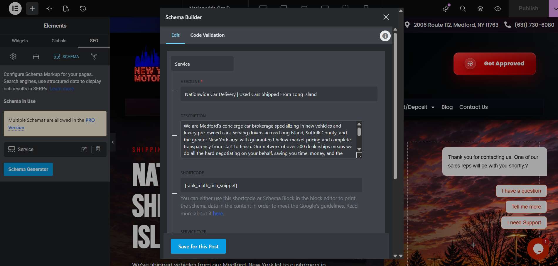 Elementor Schema Builder configuring a Service schema for New York Motor Car