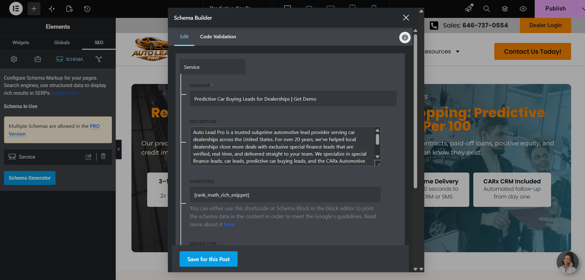 Elementor Schema Builder configuring a Service schema for Auto Lead Pro