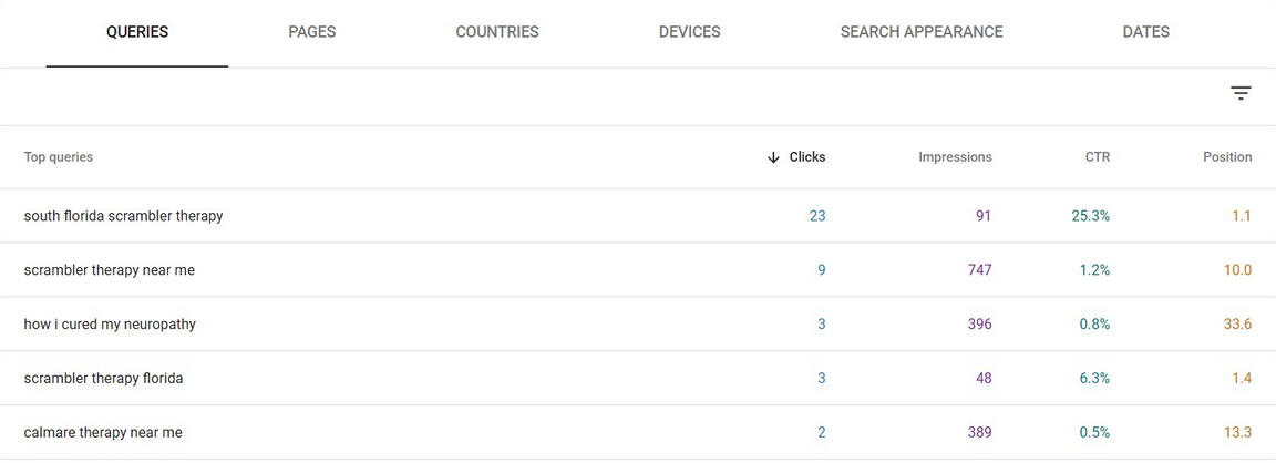 South Florida Scrambler Therapy Google Search Console top queries, earlier period