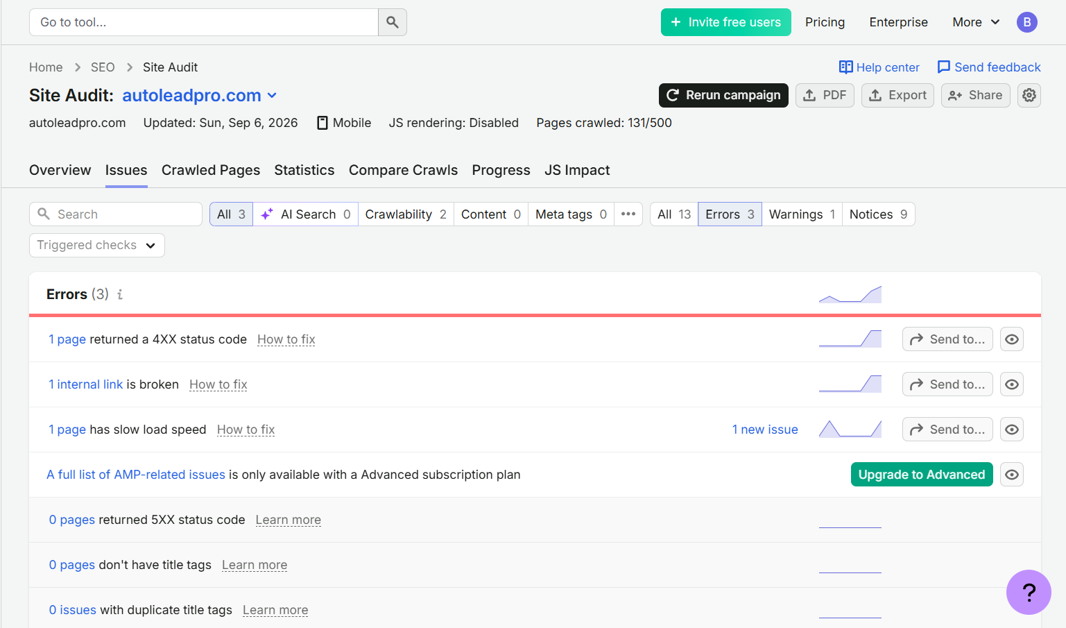 Semrush Site Audit showing errors, warnings, and notices