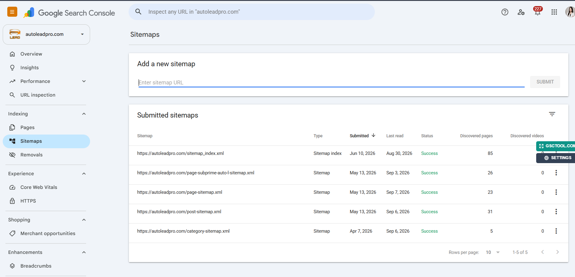 Google Search Console sitemaps list, all showing success status