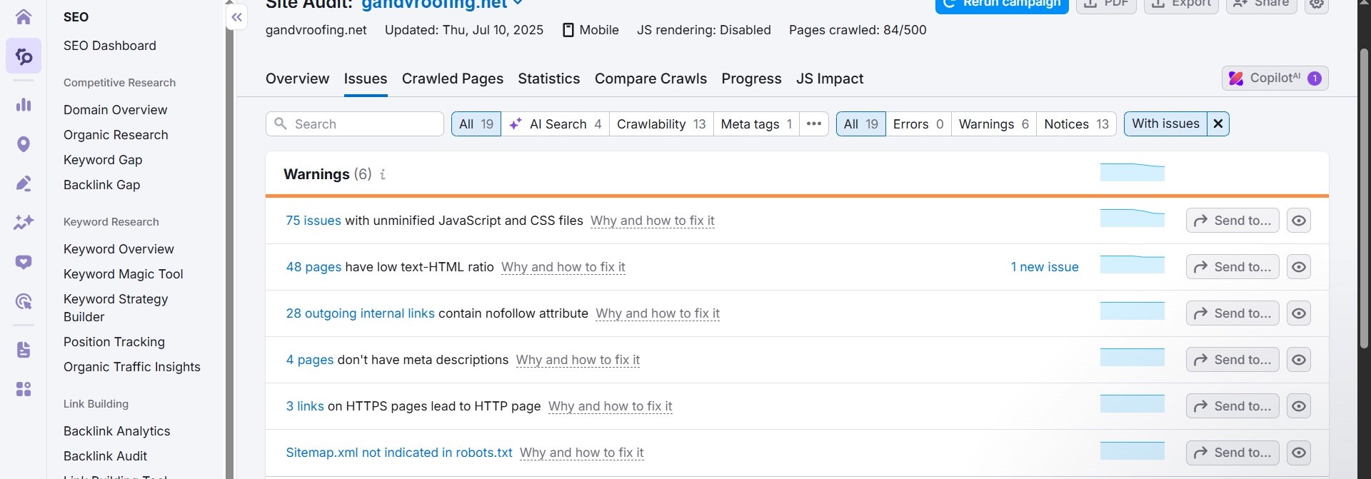 Semrush Site Audit warnings list including unminified JS/CSS and low text-HTML ratio