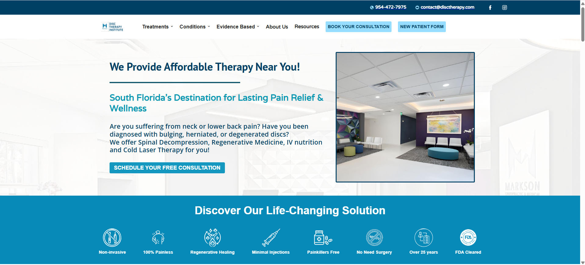 Disc Therapy Institute homepage built in Webflow, showing treatments overview and clinic photo