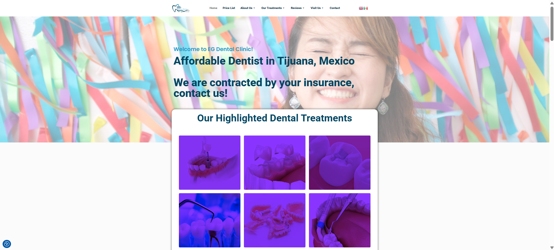 EG Dental Clinic homepage built in WordPress with Elementor, showing highlighted treatments