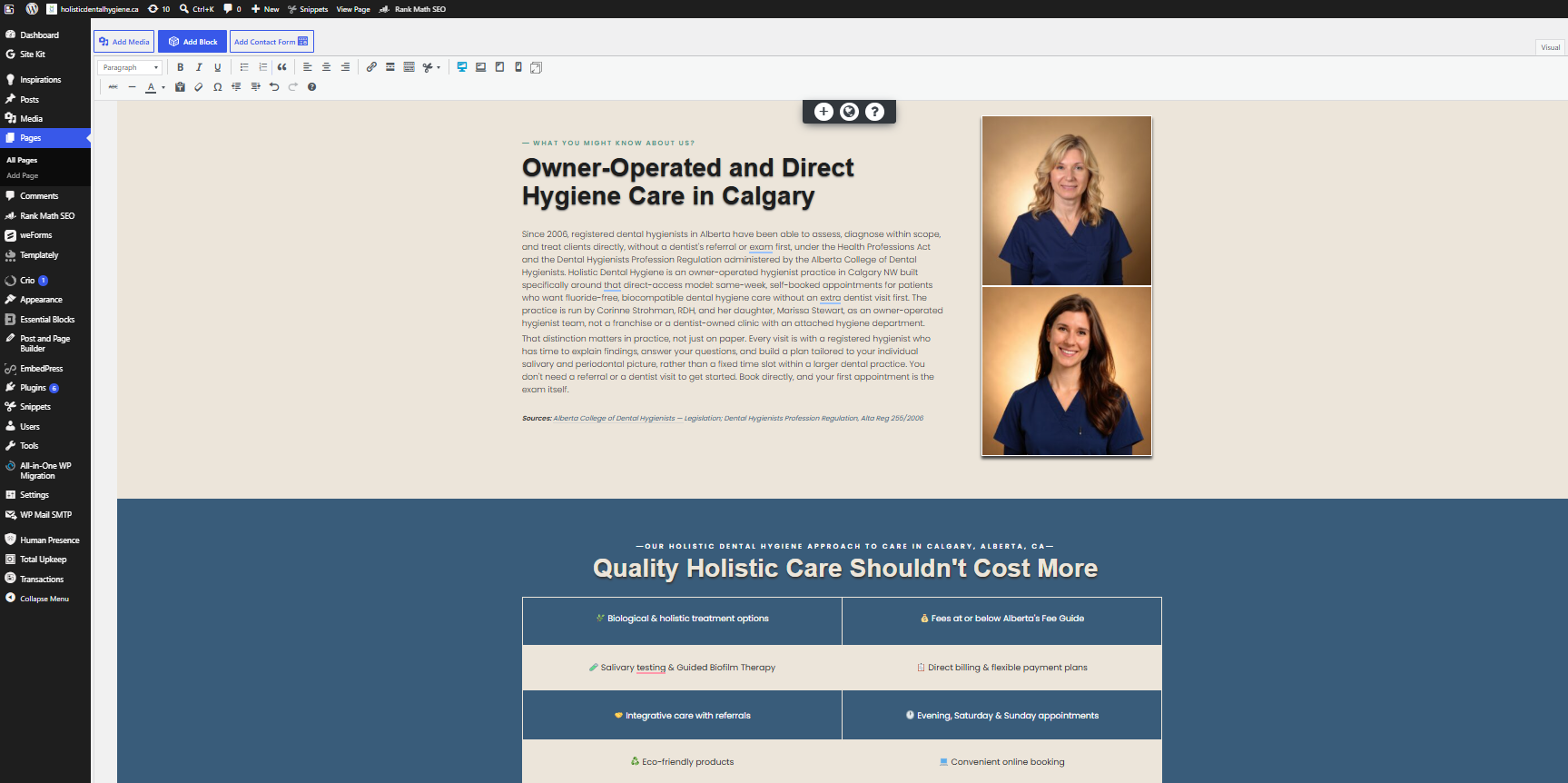 Holistic Dental Hygiene Clinic owner-operated bio section with team photos